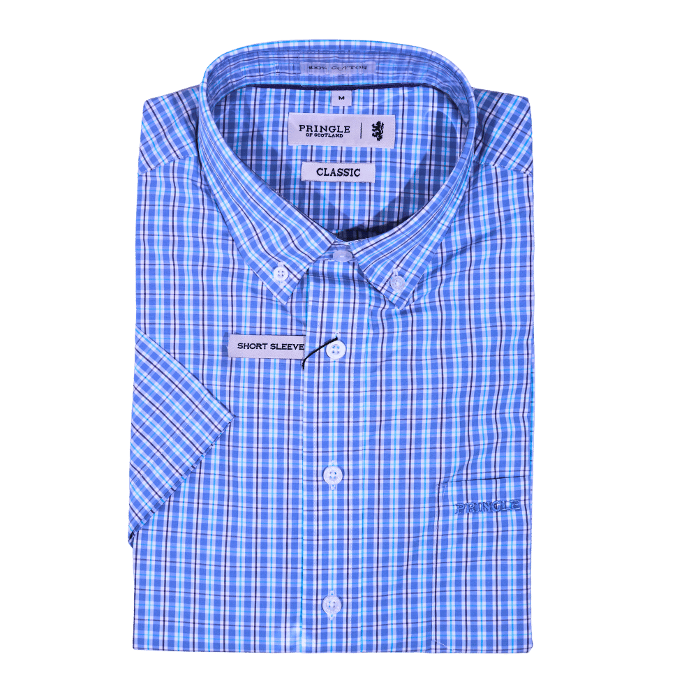 Men's Pringle 100% Cotton Short Sleeve Shirt in Mid Blue (1500) - available in-store, 337 Monty Naicker Street, Durban CBD or online at Omar's Tailors & Outfitters online store.   A men's fashion curation for South African men - established in 1911.