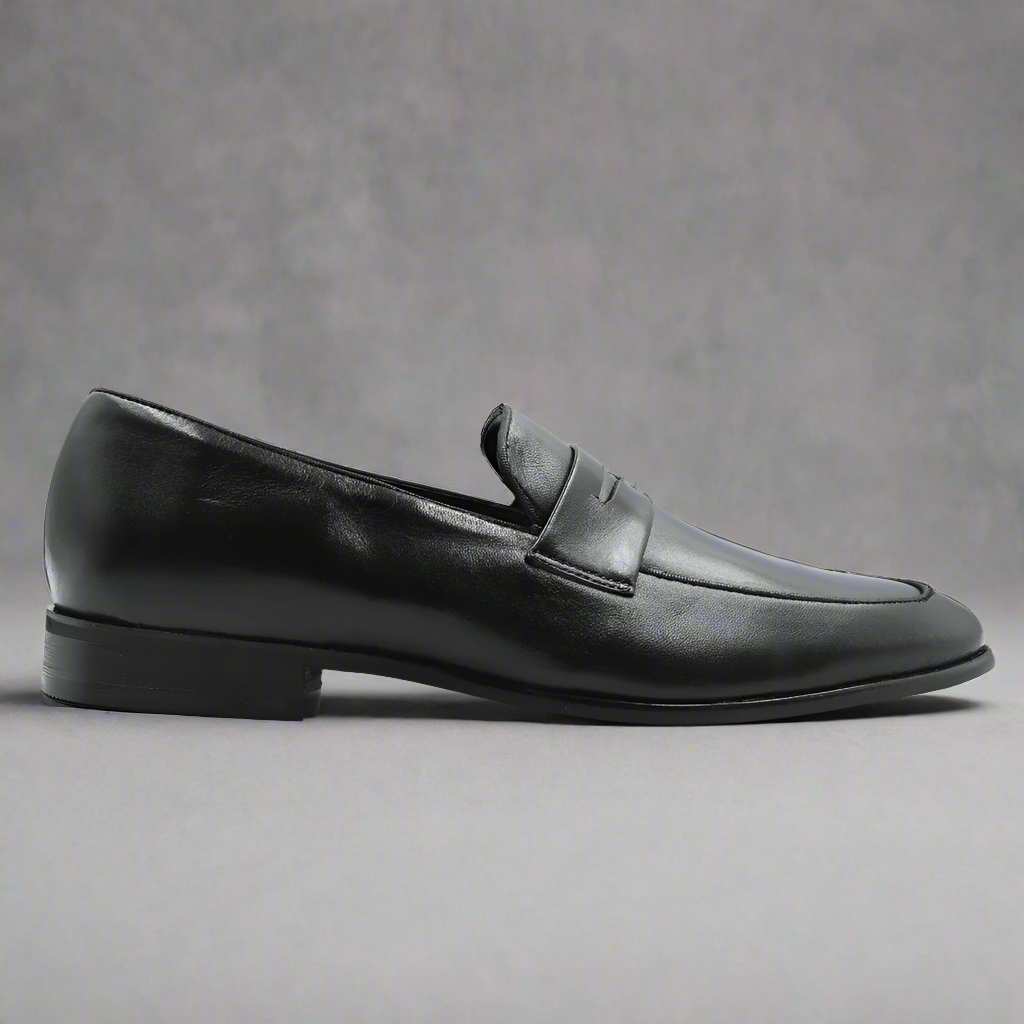 Men's Genuine Leather John Drake Penny Loafer in Black (32683) - Moccasin/Slip-on Shoe available in-store, 337 Monty Naicker Street, Durban CBD or shop online at www.omarstailors.com - Free Shipping.