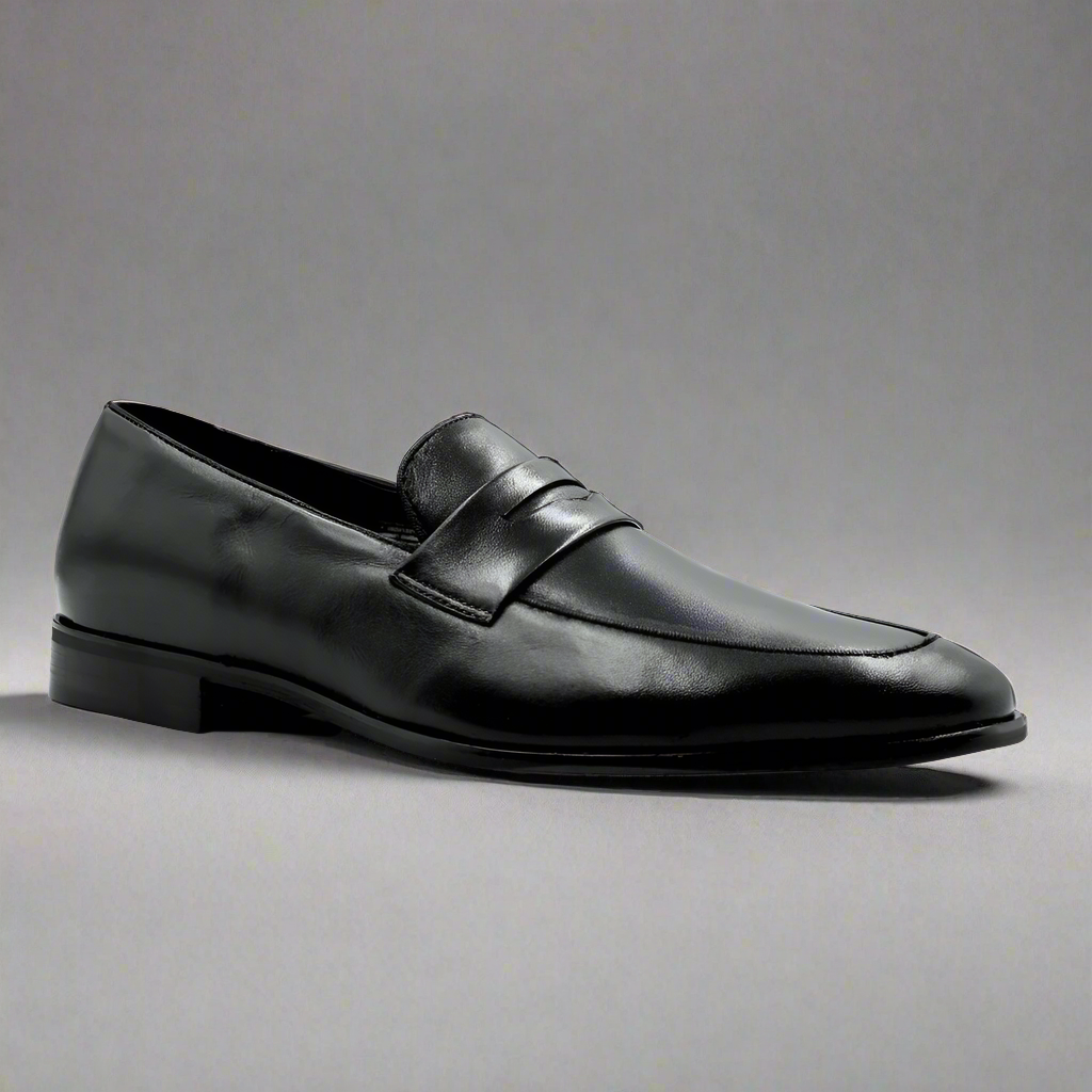 Men's Genuine Leather John Drake Penny Loafer in Black (32683) - Moccasin/Slip-on Shoe available in-store, 337 Monty Naicker Street, Durban CBD or shop online at www.omarstailors.com - Free Shipping.