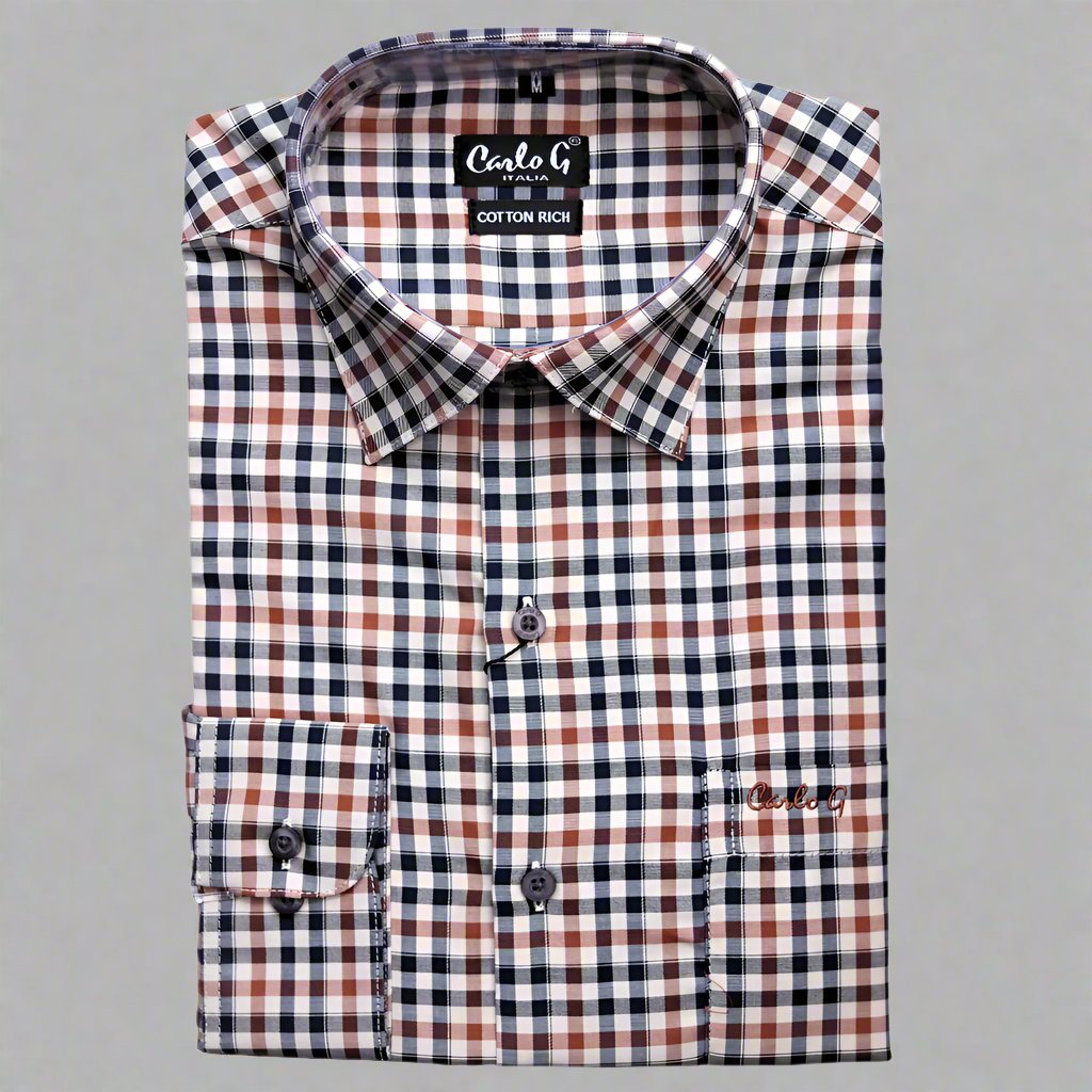 Shop the Carlo Galucci Italia Cotton Rich Shirt with a stylish multi-check pattern and classic fit. Perfect for any occasion, available in-store at 337 Monty Naicker Street, Durban Central, or online at www.omarstailors.com.