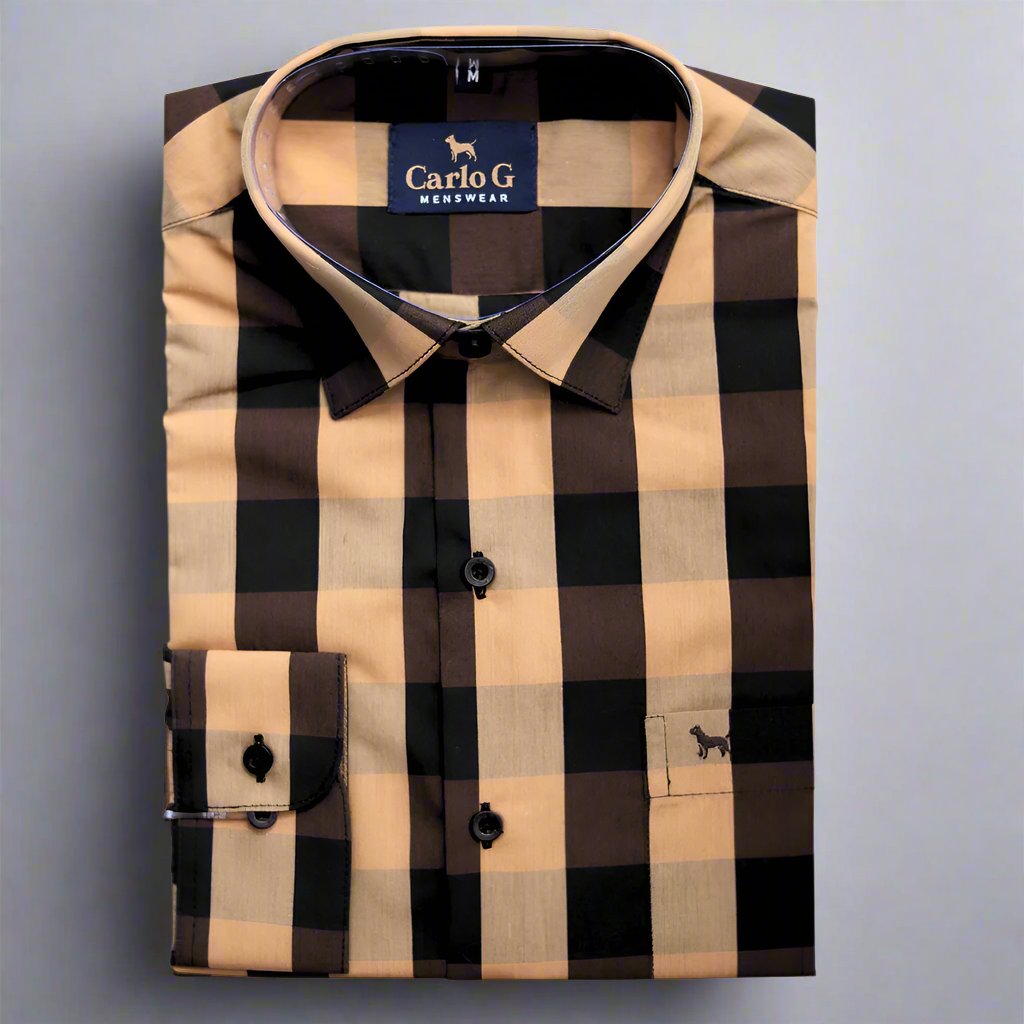 Shop the Carlo Galucci Italia Cotton Rich Shirt with a stylish brown-check pattern and classic fit. Perfect for any occasion, available in-store at 337 Monty Naicker Street, Durban Central, or online at www.omarstailors.com.