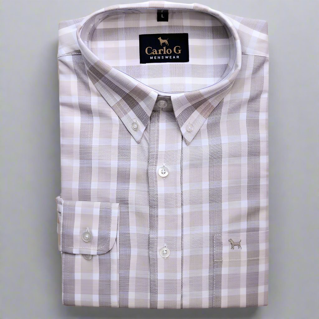 Shop the Carlo Galucci Italia Cotton Rich Shirt with a stylish taupe-check pattern and classic fit. Perfect for any occasion, available in-store at 337 Monty Naicker Street, Durban Central, or online at www.omarstailors.com.