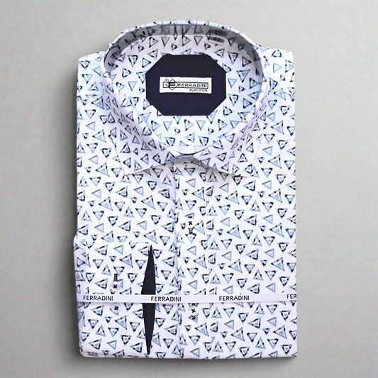 Shop the Ferradini Platinum Triangular Patterned White Shirt, designed for premium style and comfort. Perfect for all occasions, available in-store at 337 Monty Naicker Street, Durban Central, or online at www.omarstailors.com.