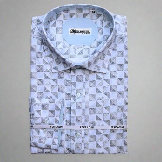 Shop the Ferradini Platinum Block Print Shirt, designed for premium style and comfort. Perfect for all occasions, available in-store at 337 Monty Naicker Street, Durban Central, or online at www.omarstailors.com.