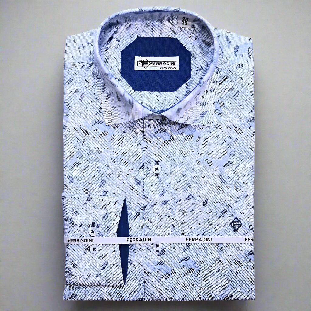 Shop the Ferradini Platinum Blue Shirt with an elegant abstract print, designed for premium style and comfort. Perfect for all occasions, available in-store at 337 Monty Naicker Street, Durban Central, or online at www.omarstailors.com.