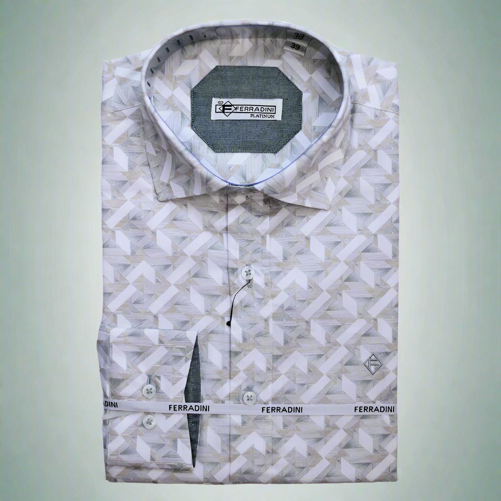 Shop the Ferradini Platinum Green Abstract Print Shirt, designed for premium style and comfort. Perfect for all occasions, available in-store at 337 Monty Naicker Street, Durban Central, or online at www.omarstailors.com.