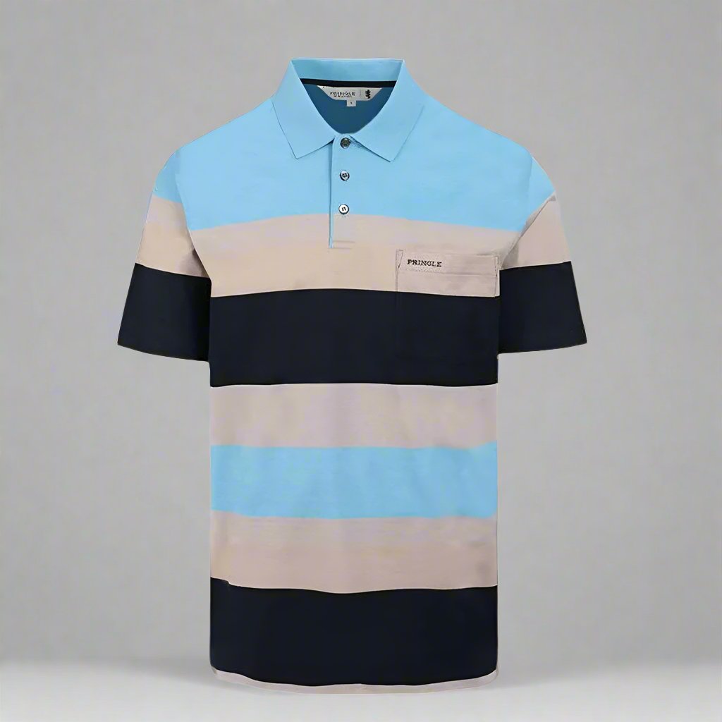 Shop the Pringle Kai Mercerised Striped Golfer for men. Made from luxurious mercerised cotton with a stylish stripe design. Perfect for casual and golf occasions. Available in-store at 337 Monty Naicker Street, Durban Central, or online at www.omarstailors.com.